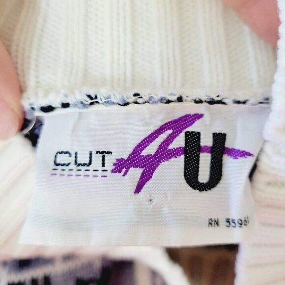 VTG 90s Cut 4 U Womens OS Blue Floral Granny Mixed Media Patchwork Knit Sweater - Picture 9 of 12